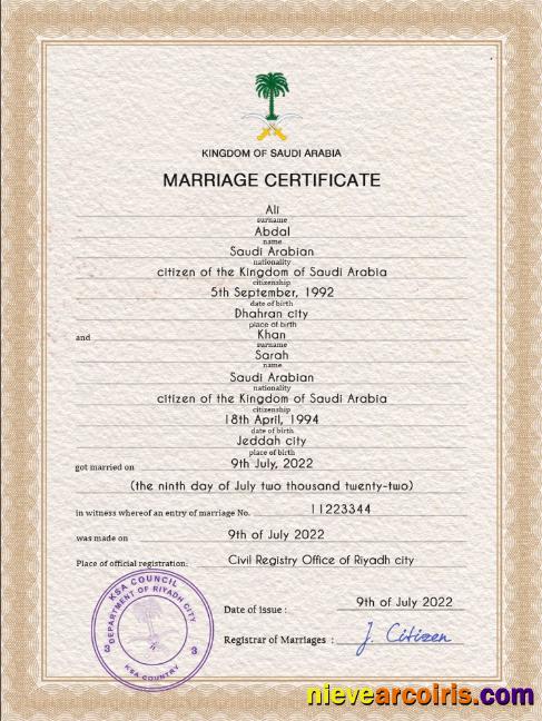 Saudi Arabia marriage certificate
